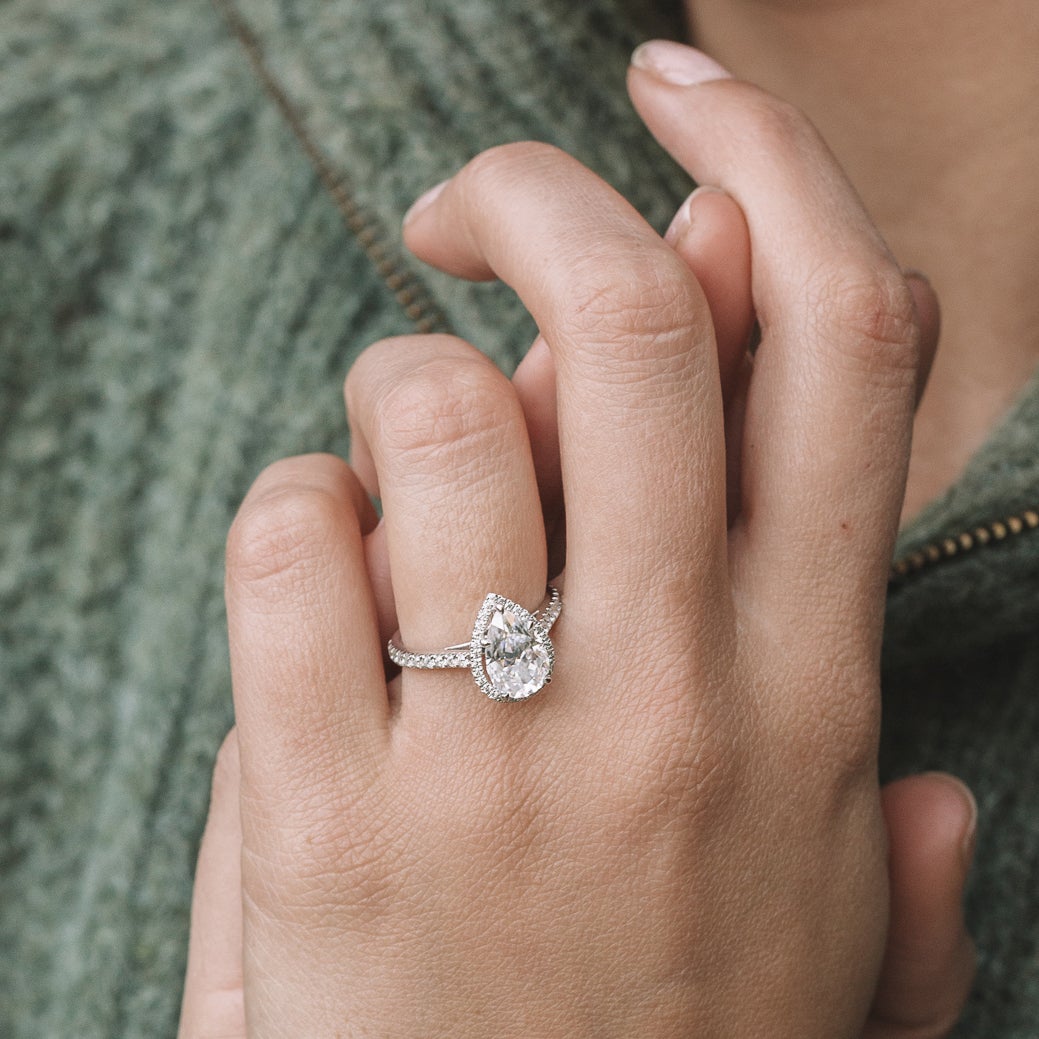 1.93CT Pear Cut Shaped Cathedral Halo Moissanite Engagement Ring