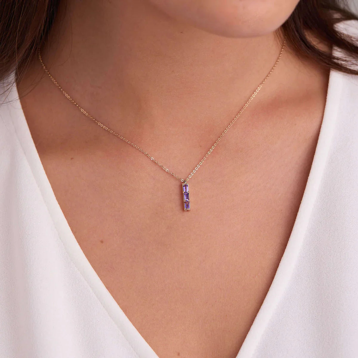 1.26 TCW Baguette Cut Three Stone Moissanite February Birthone Necklace