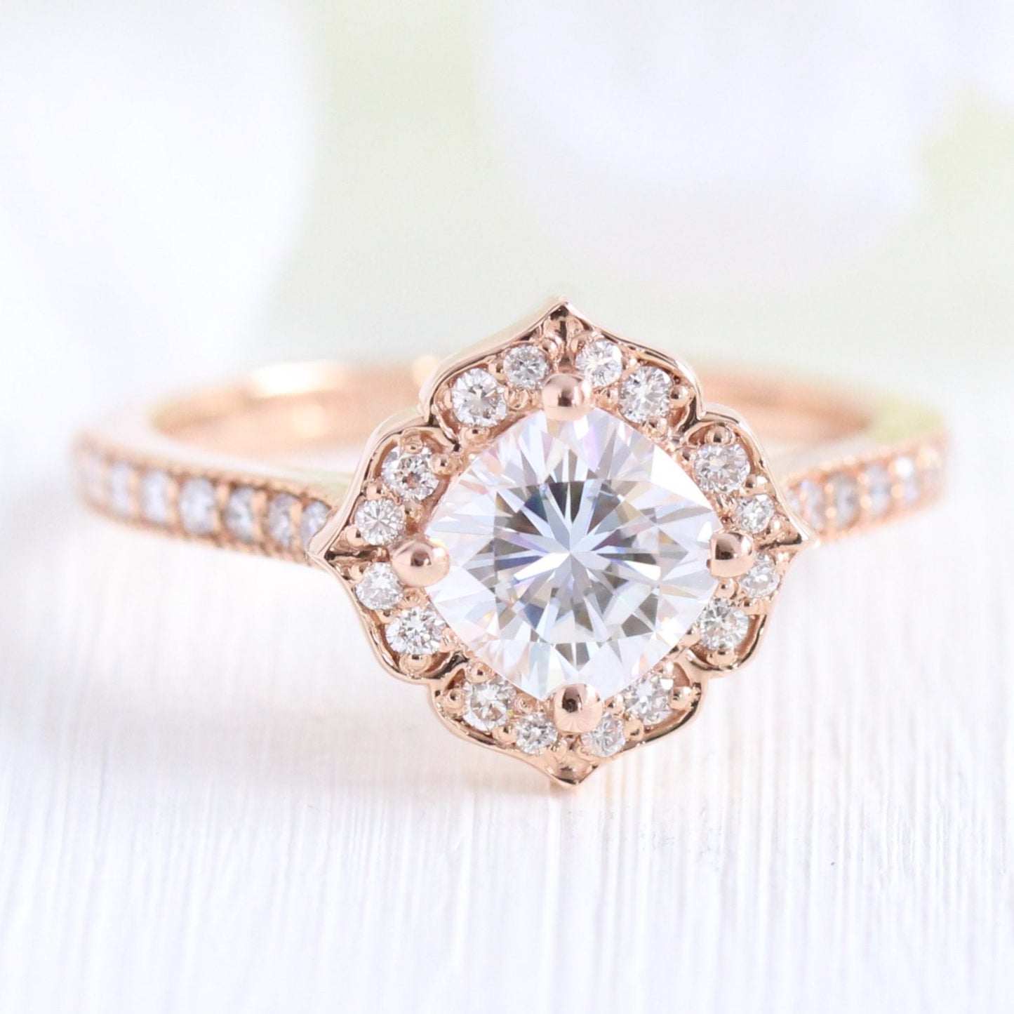 Cushion cut moissanite with bridal band set 14k in rose gold