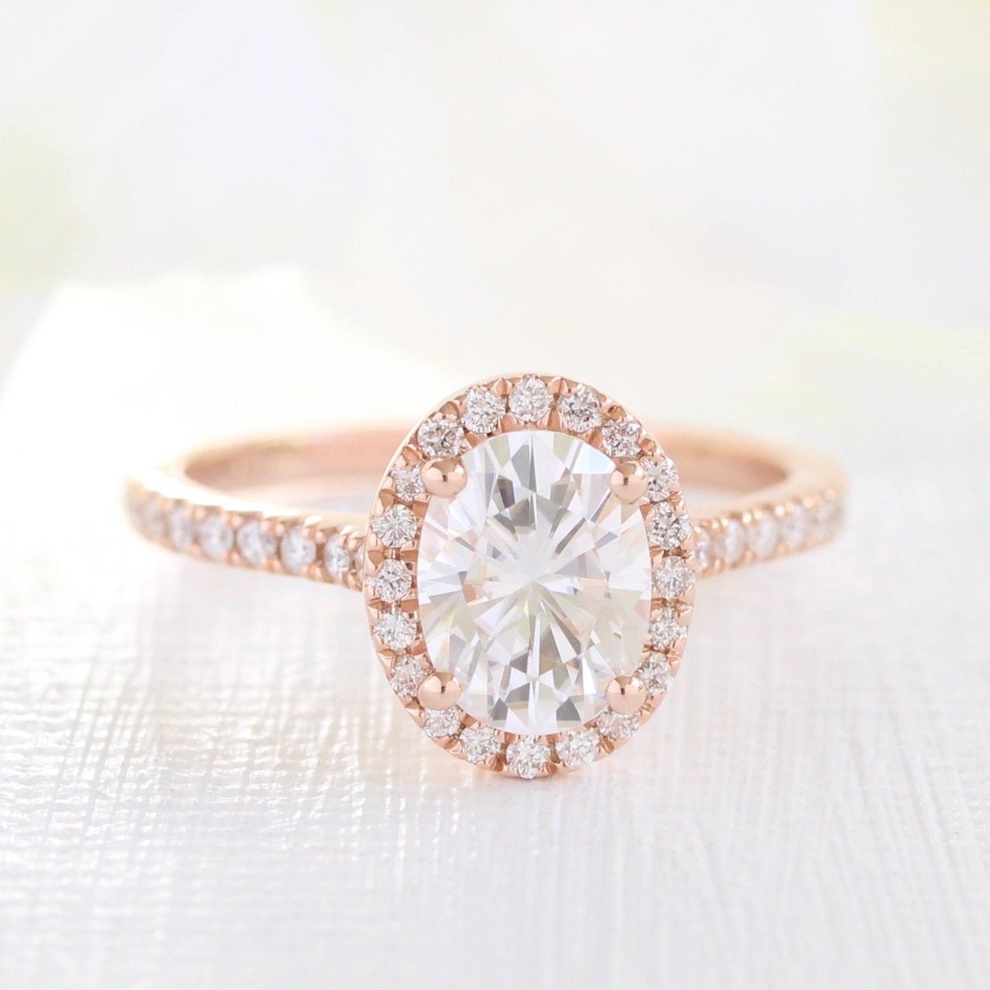 Oval Halo Pave Moissanite Ring With Scalloped Diamond Band