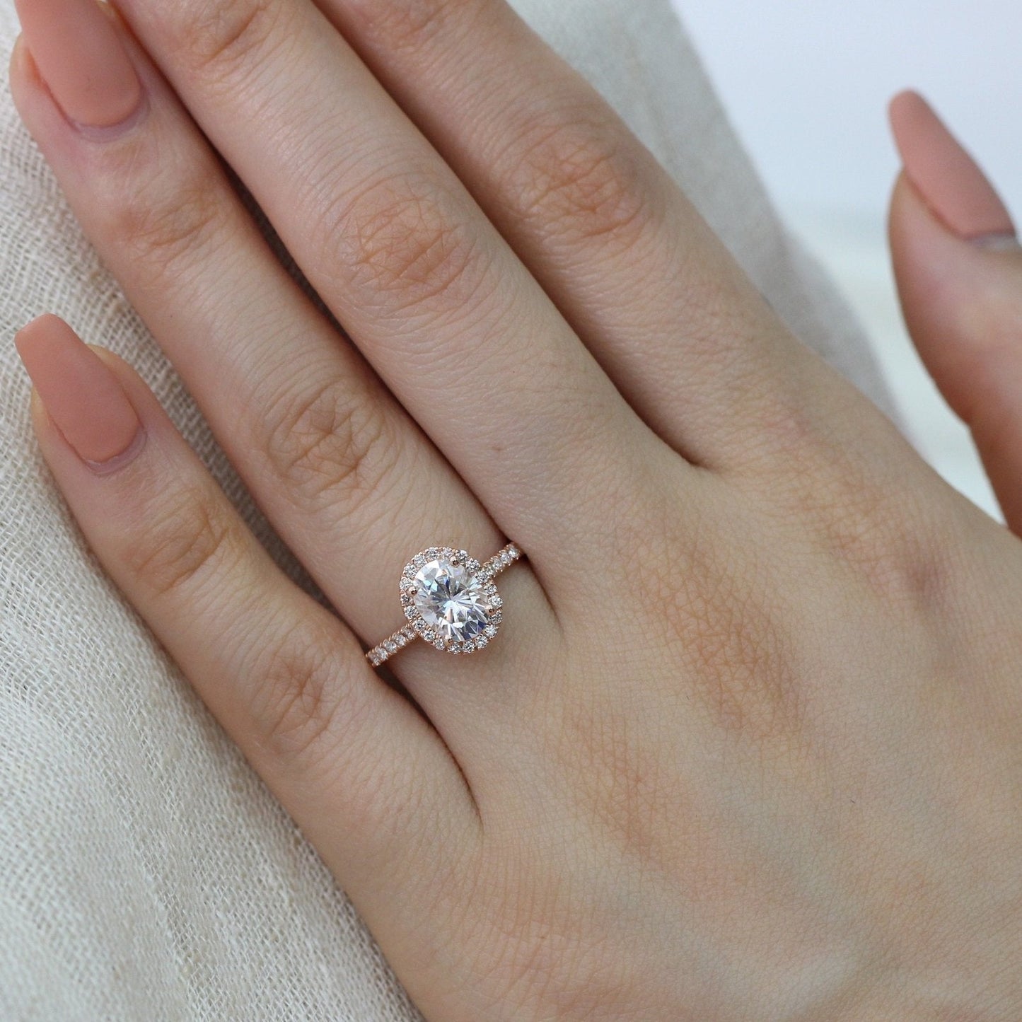 Oval Halo Pave Moissanite Ring With Scalloped Diamond Band