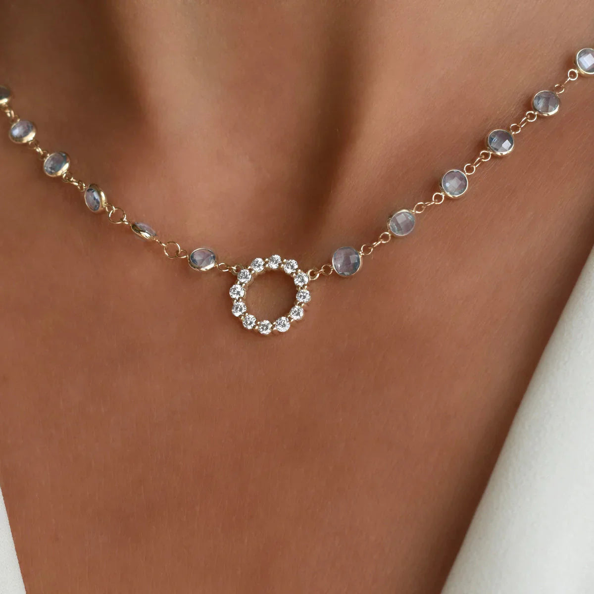 10.18TCW Round Open Circle Moissanite March Birthstone Necklace