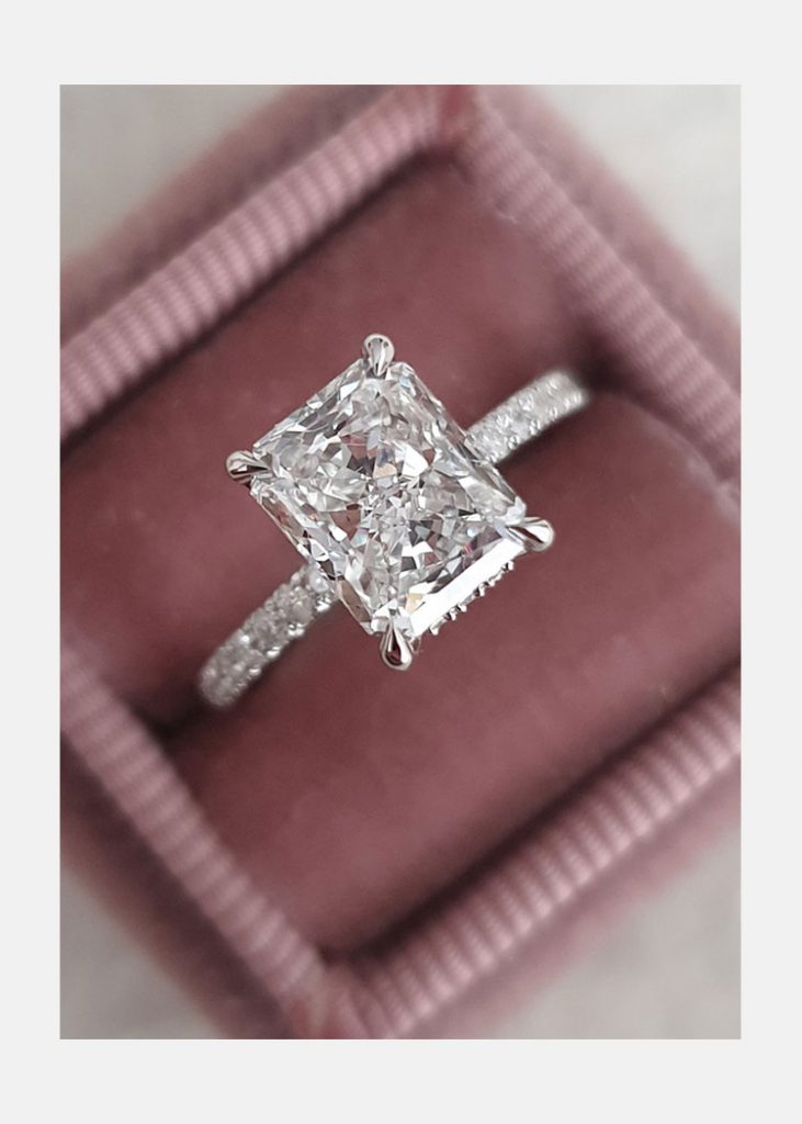 2.0ct Radiant Cut Hidden Halo Moissanite Diamond Engagement Ring in 14K White Gold