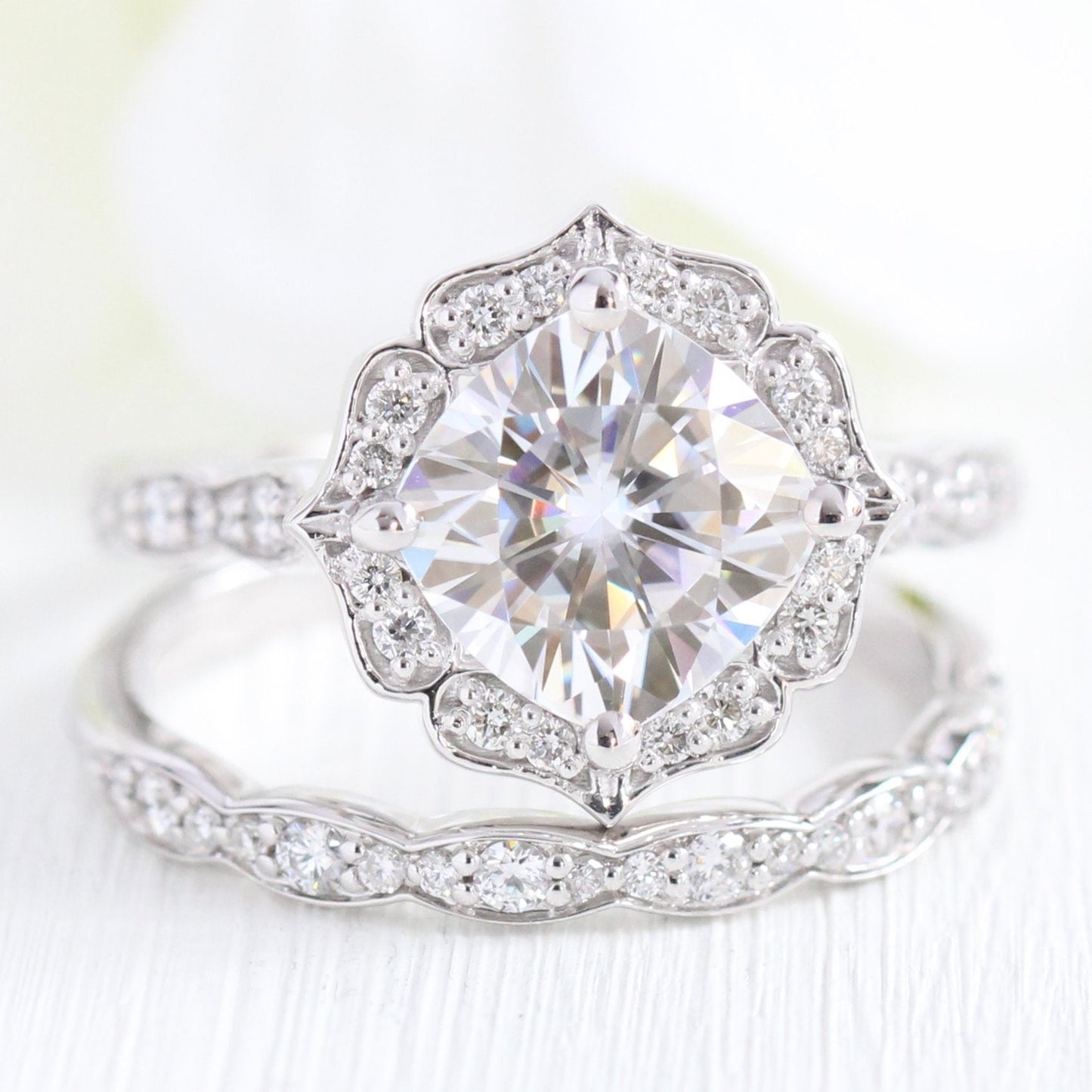 Cushion Cut Vintage Floral Moissanite Ring With Scalloped Diamond Band