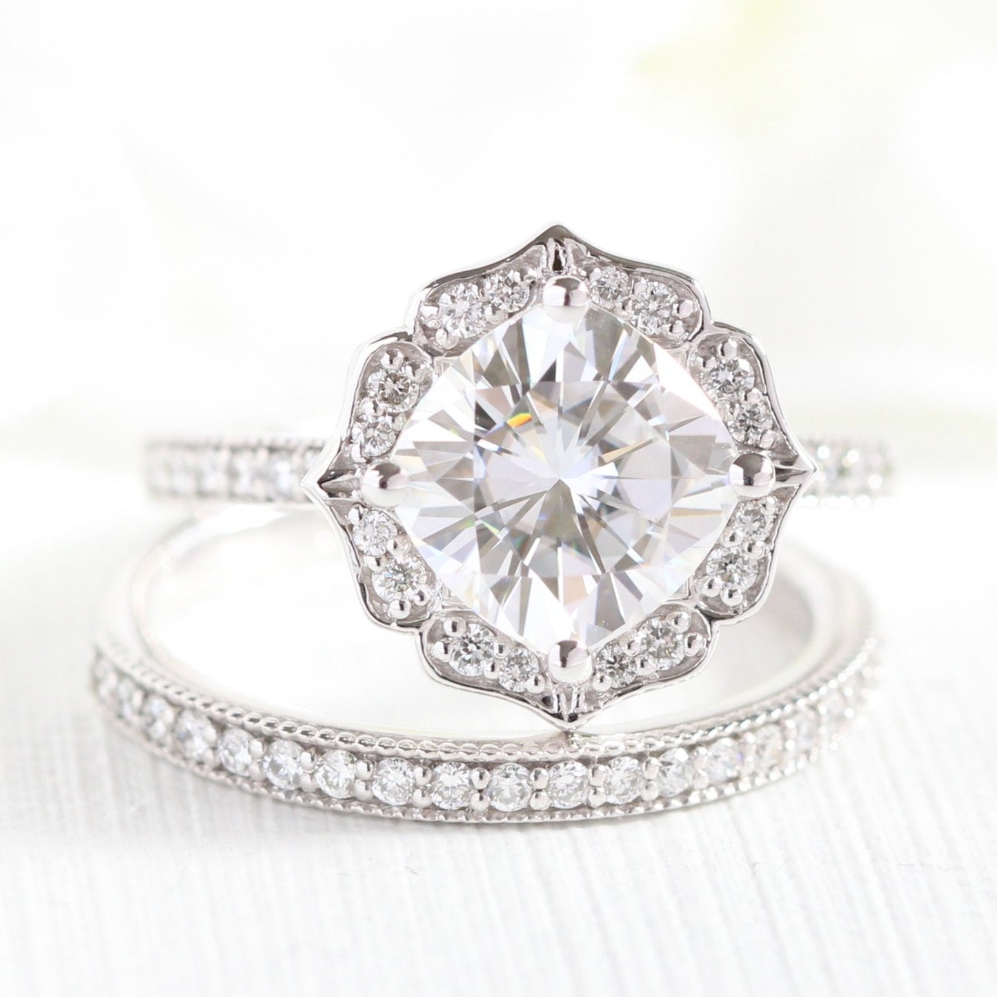 Vintage Floral Inspired Cushion Moissanite Ring With Milgrain Diamond Band