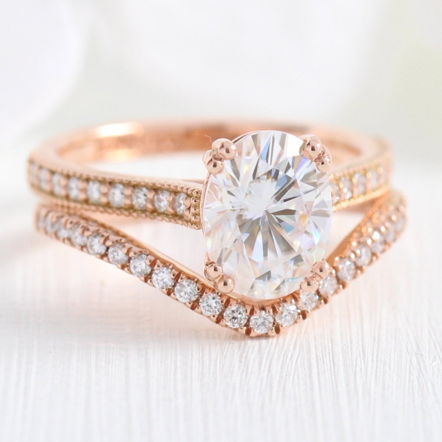 2.0ct Oval Cut Moissanite Cathedral Set Ring With U Shape Wedding Band