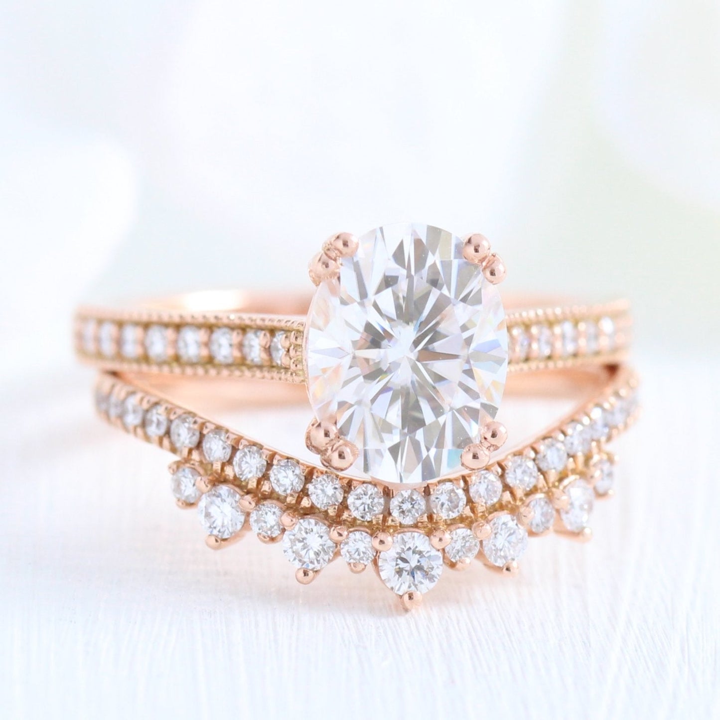 2.0ct Oval Cut Moissanite Channel Set Engagement Ring With Crown Wedding Band