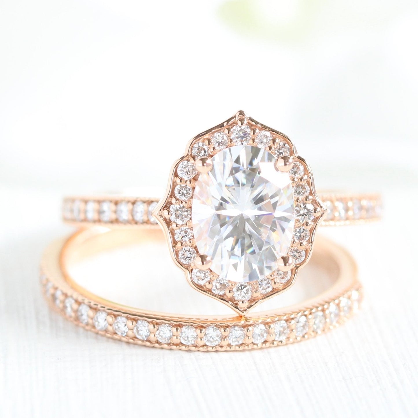 1.50ct Oval Cut Moissanite Halo Bridal Ring Set