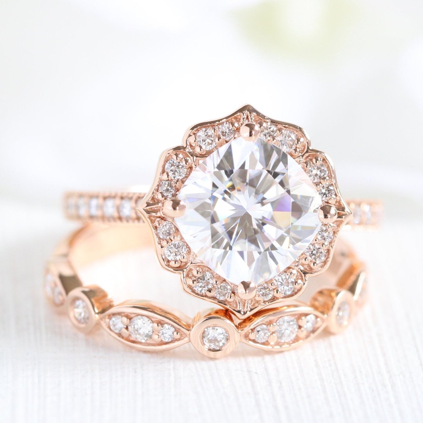Round Cut Moissanite Ring With Bezel Diamond Band