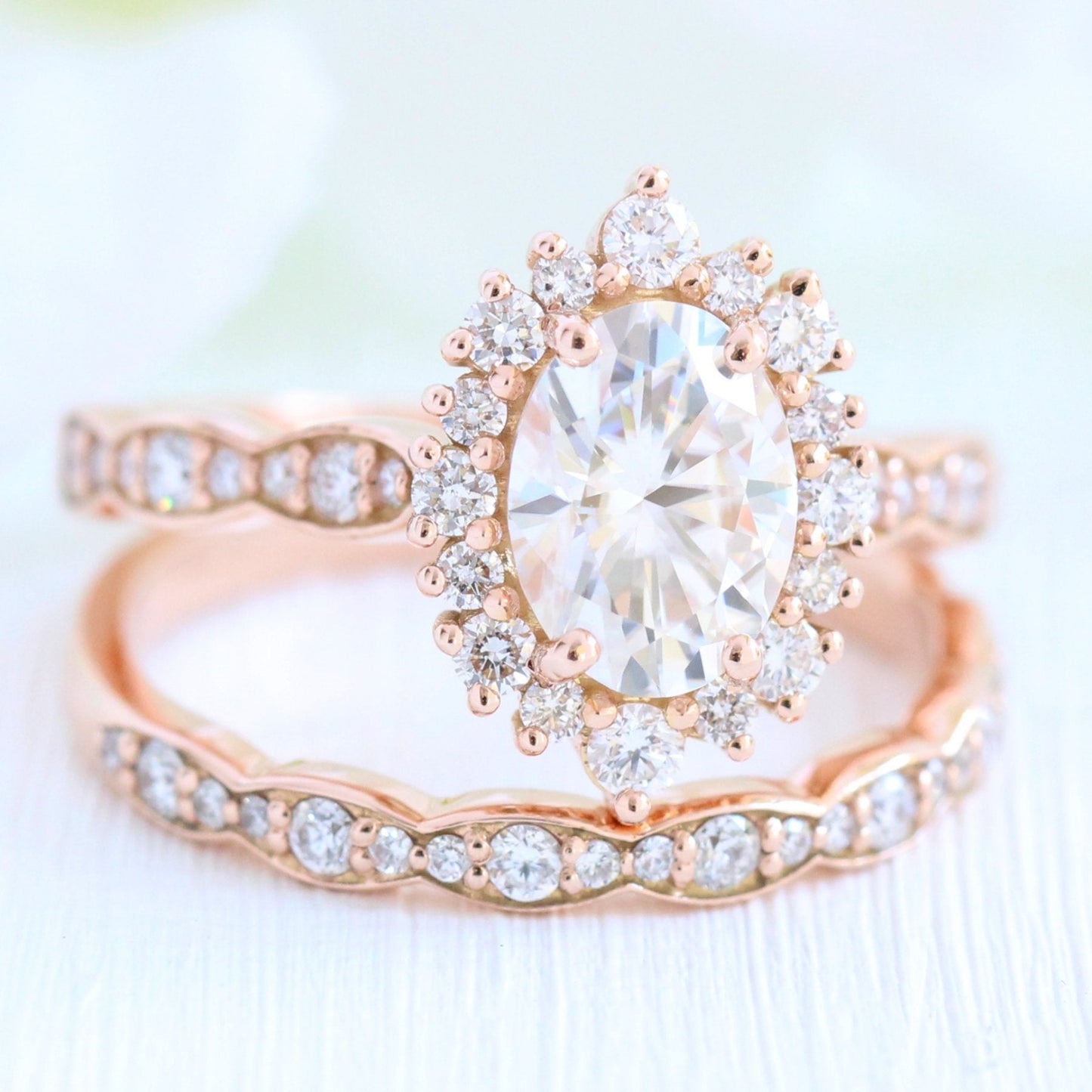 Tiara Halo Scalloped Bridal Set With Moissanite Diamond Band