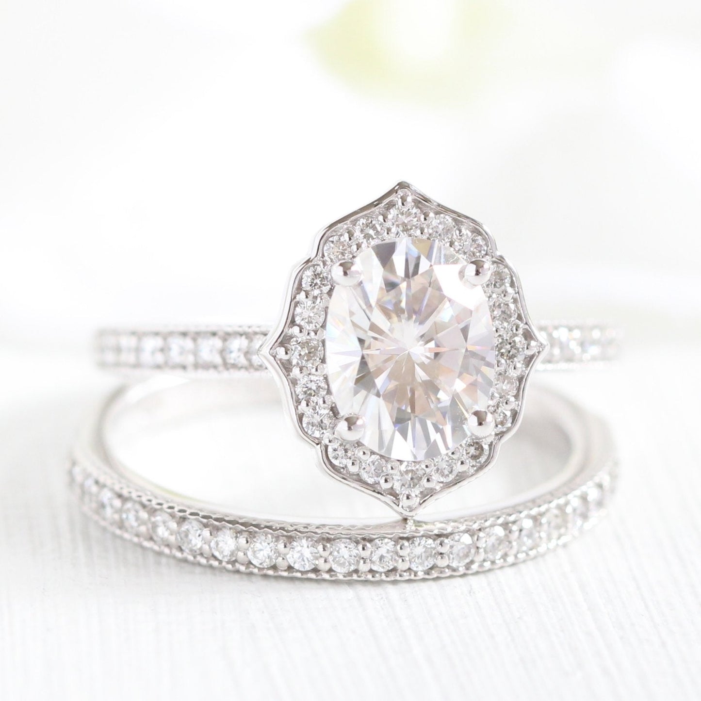 1.50ct Oval Moissanite Halo Engagement Ring Match with Channel Set Band