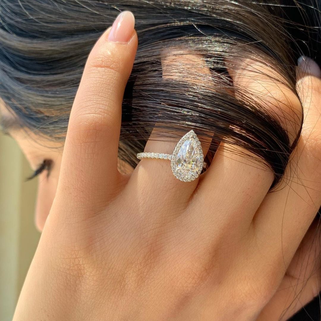 1.50CT Pear Cut Halo Moissanite Diamond Engagement Ring