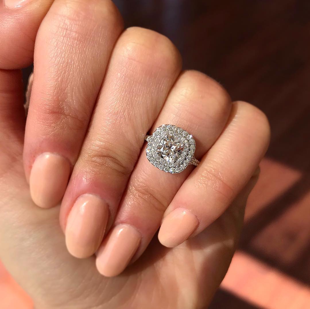0.95CT Cushion Cut Double Halo Moissanite Engagement Ring