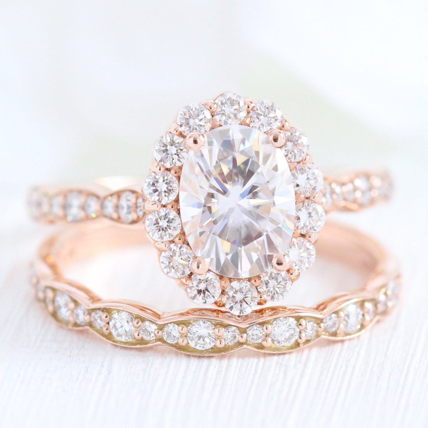 1.50ct Oval Cut Moissanite Halo Engagement Ring with Matching Wedding Band