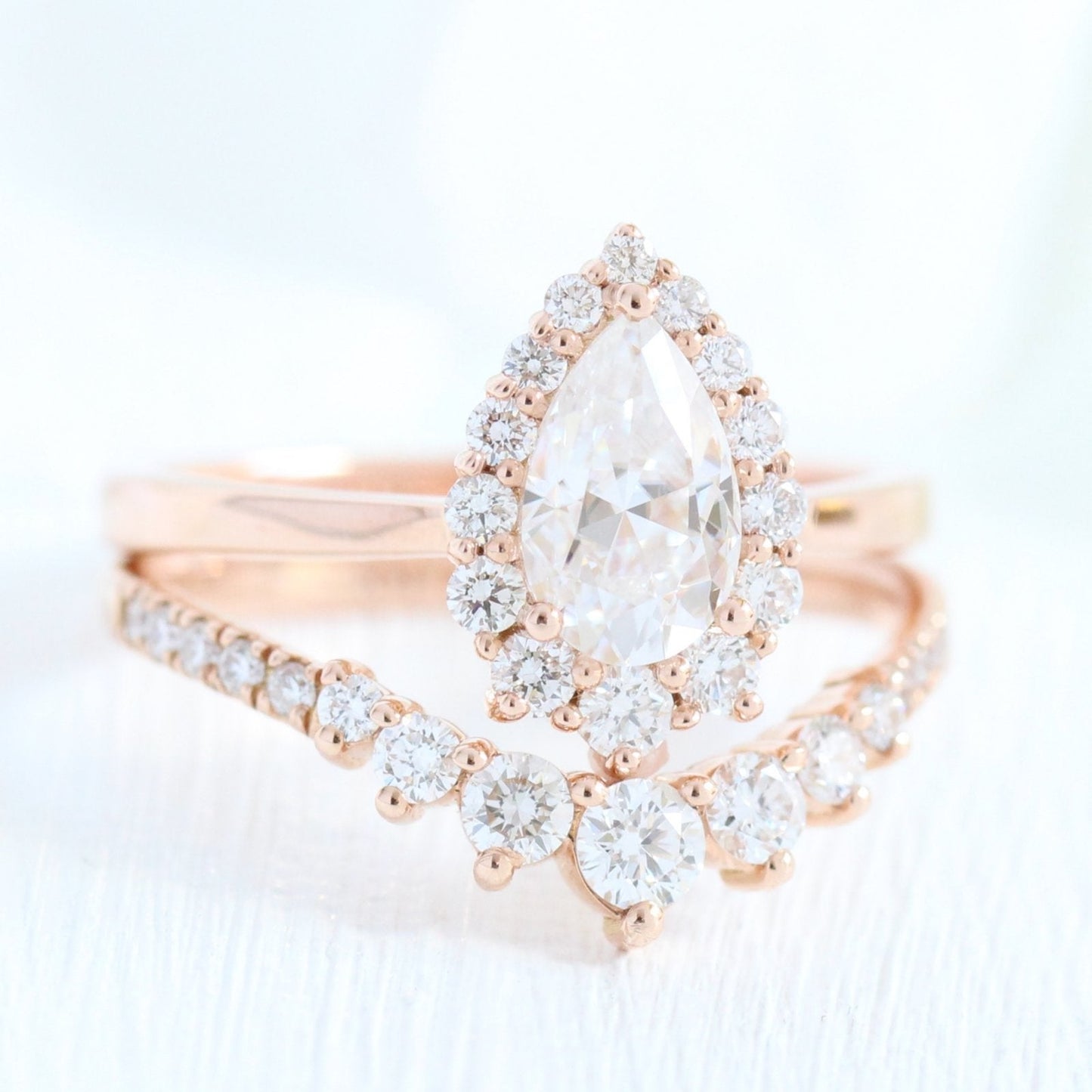 Pear cut moissanite with pave bridal band set 14k in rose gold