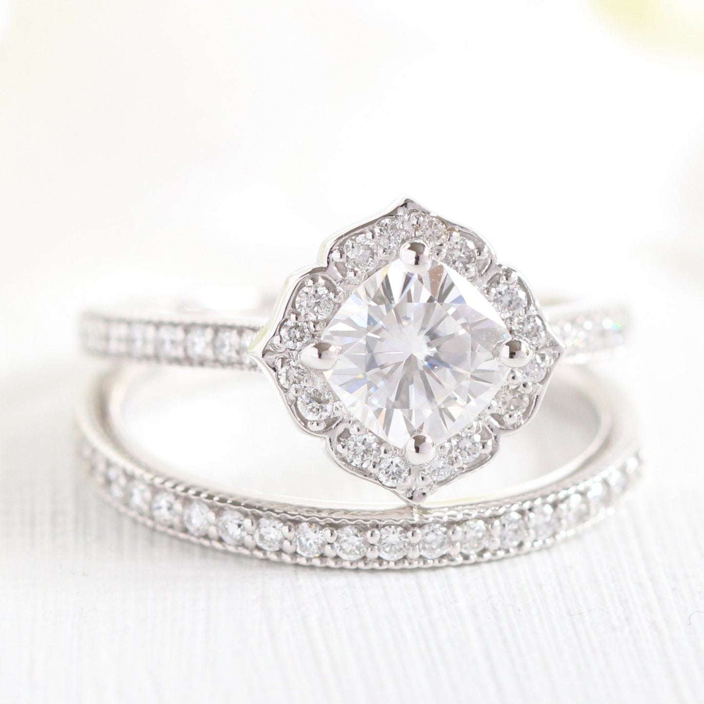 Mini Vintage Floral Inspired Cushion Moissanite Ring With Milgrain Diamond Band