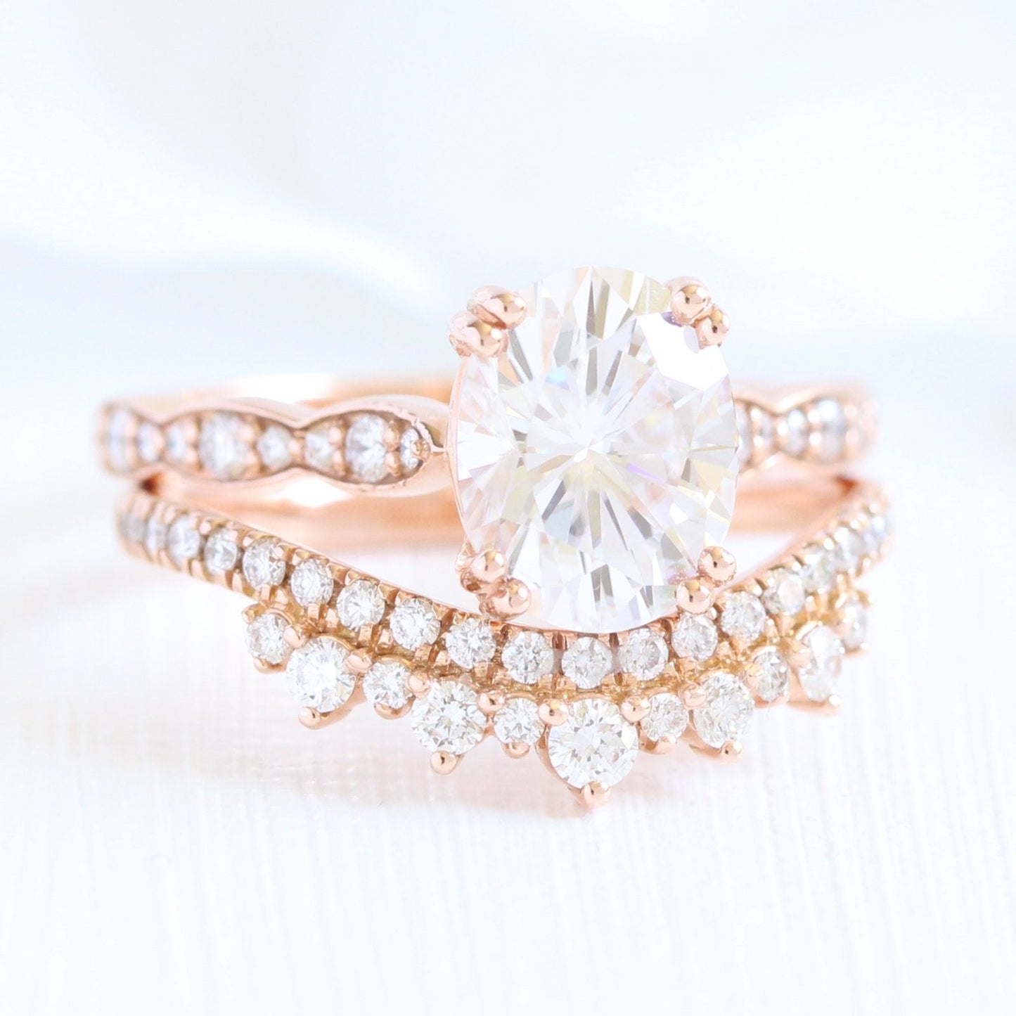 Solitaire Oval Moissanite Ring With Crown Diamond Band Ring