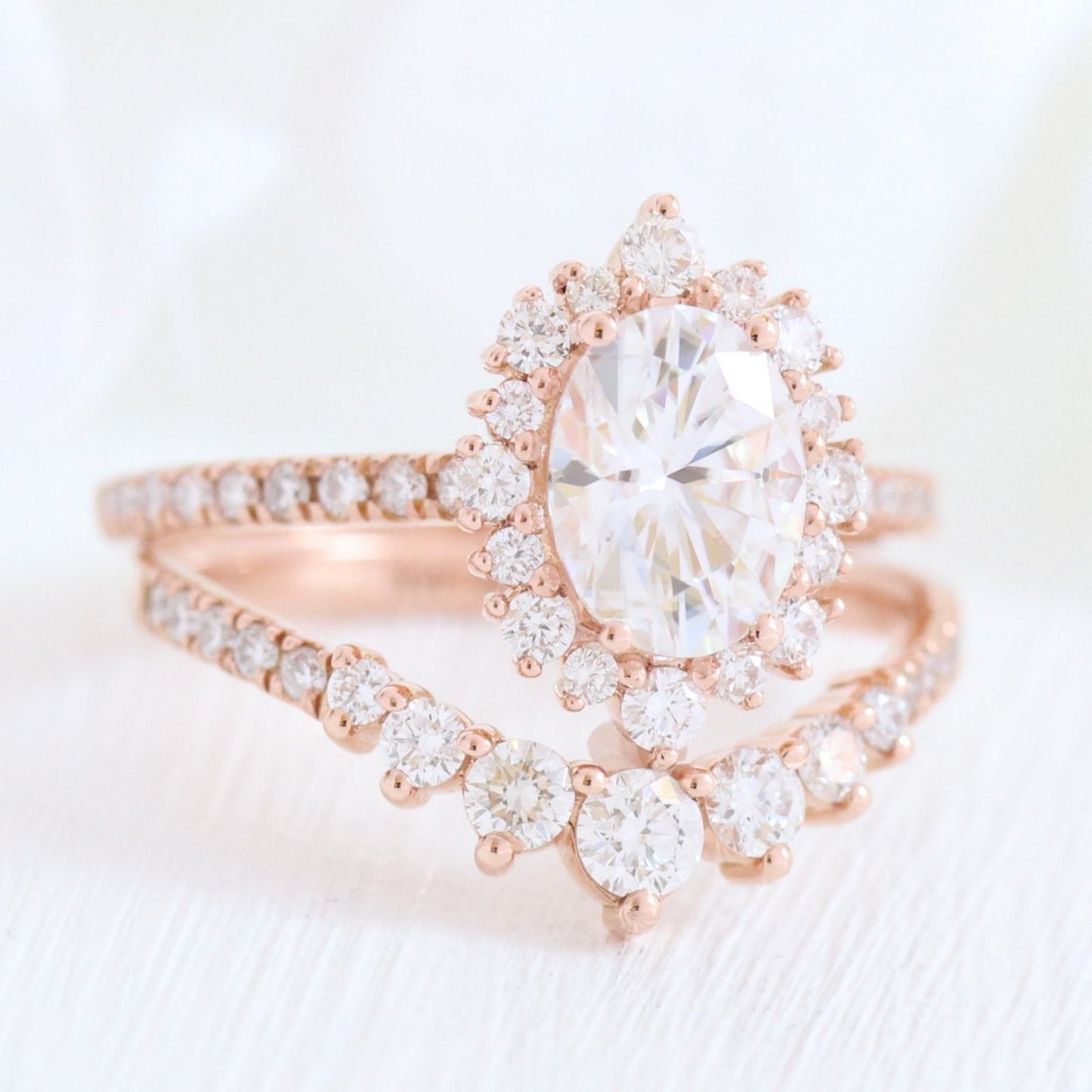 Oval cut moissanite with halo bridal band set 14k in rose gold