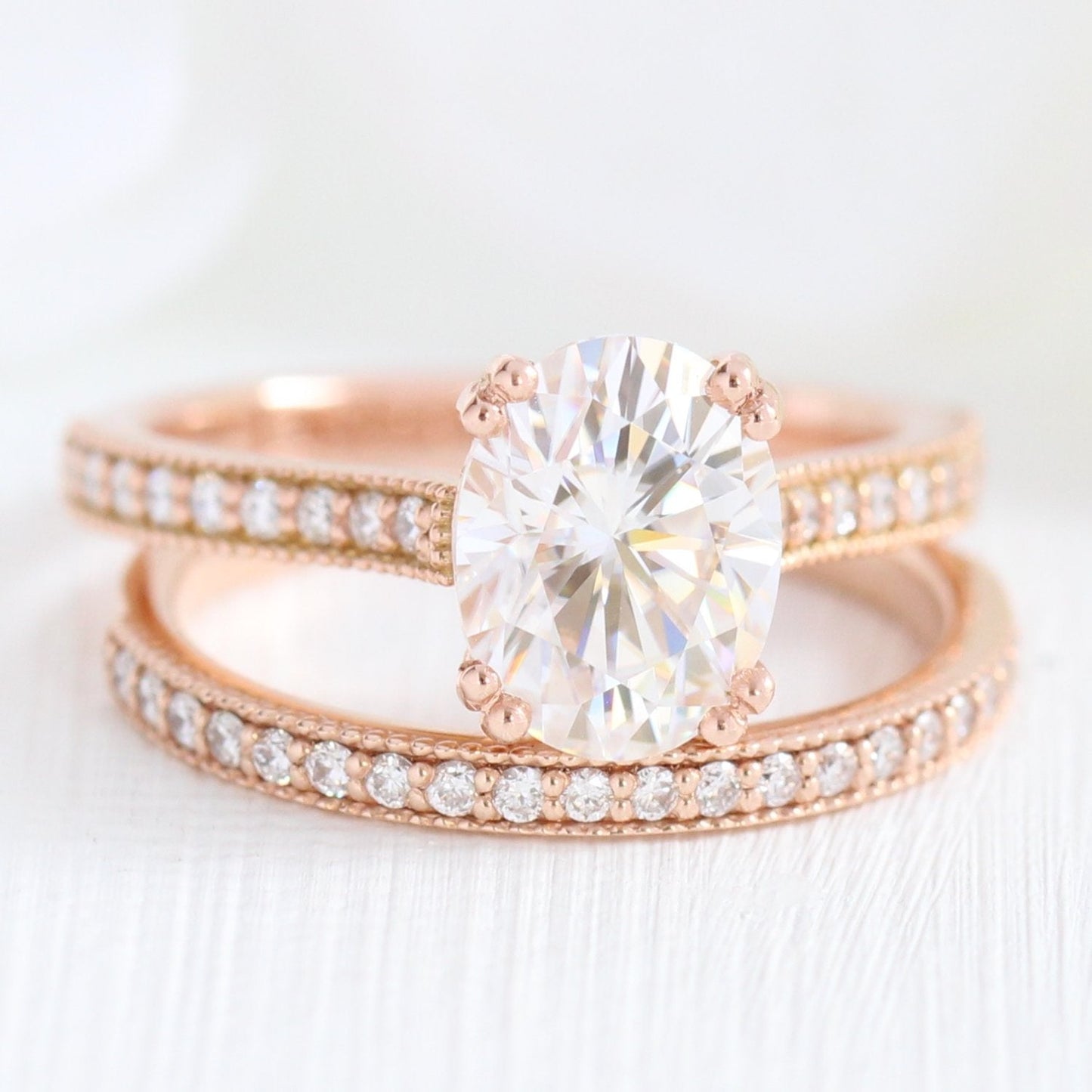 2.0ct Oval Moissanite Channel Set Engagement Ring with Matching Wedding Band