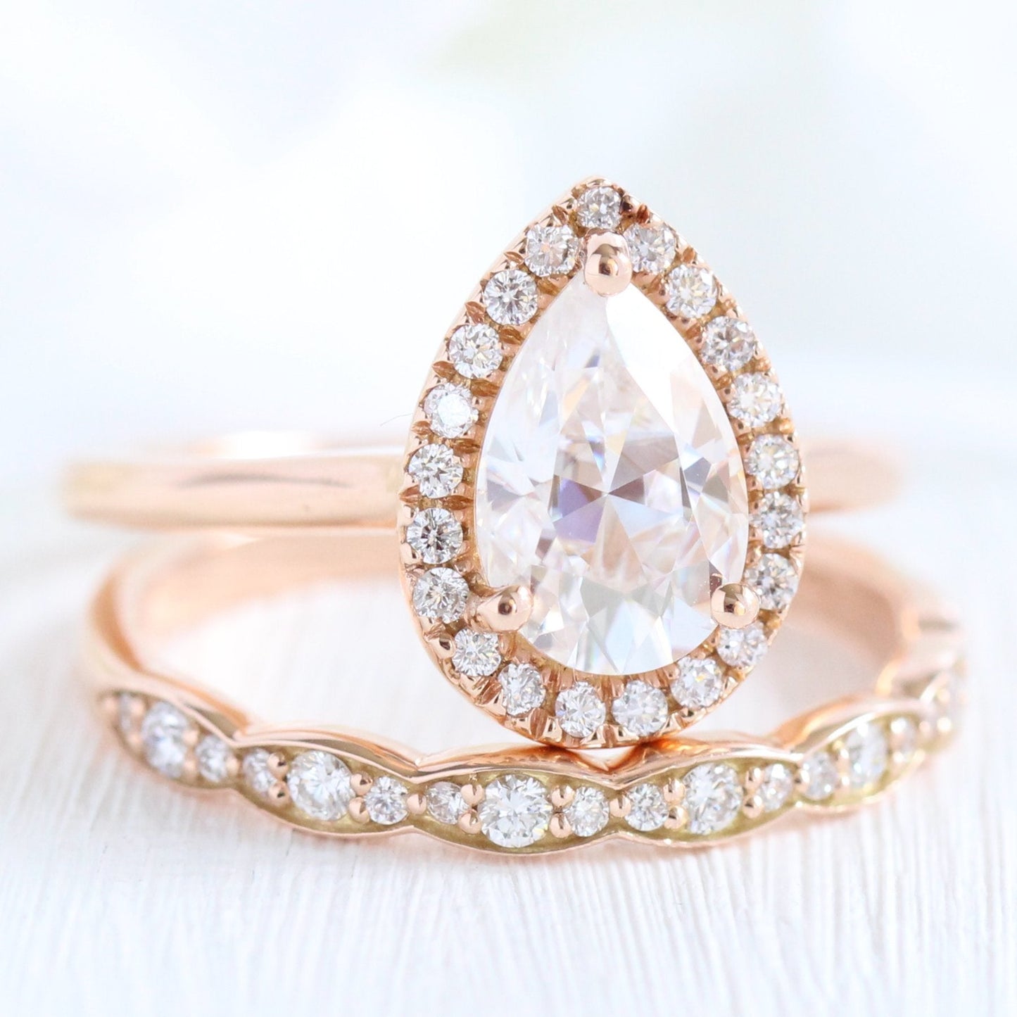 Pear Cut Moissanite Ring With Scalloped Diamond Band