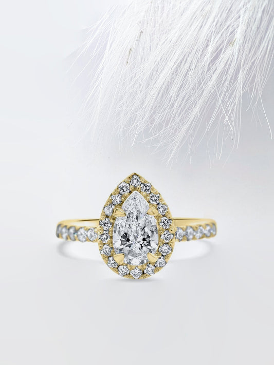 2.0CT Pear Cut Halo Moissanite Diamond Engagement Ring in Yellow Gold