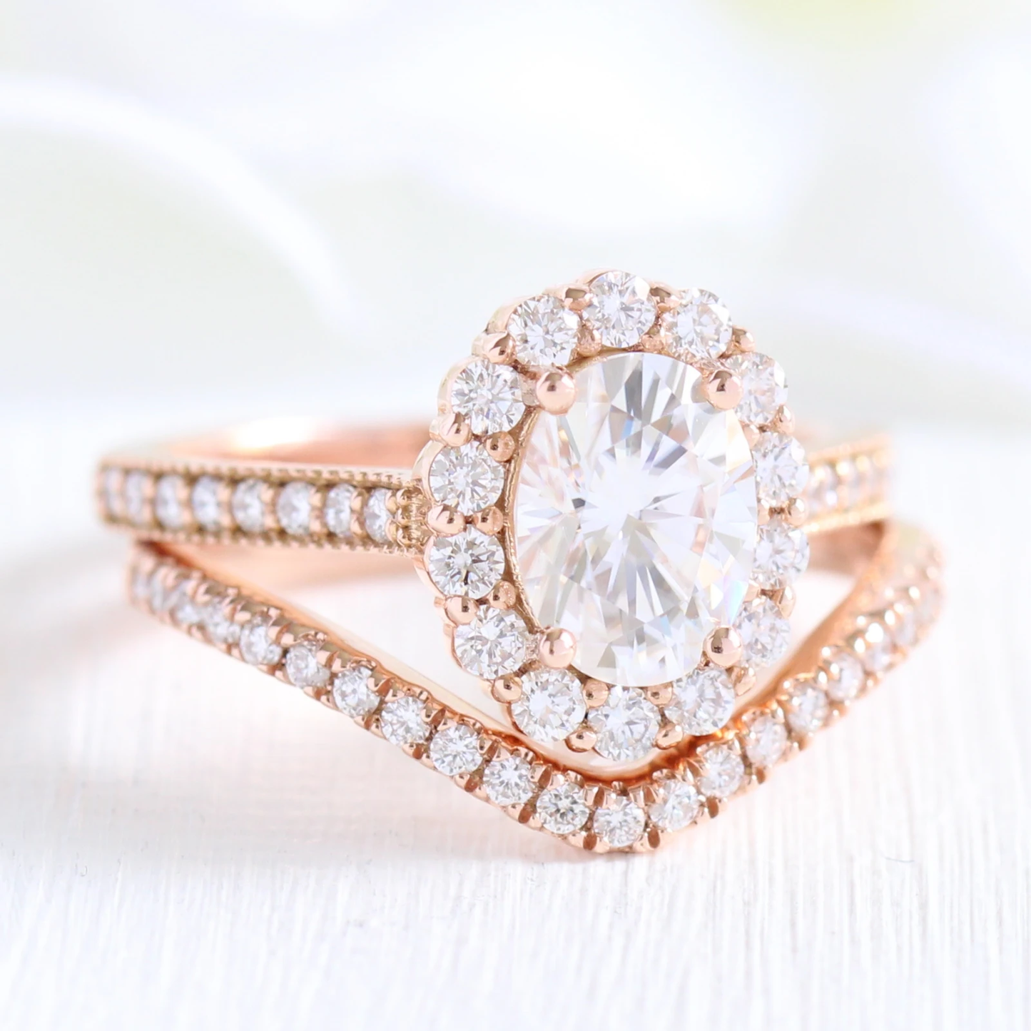 1.50ct Oval Cut Moissanite Halo Engagement Ring With Curved Wedding Band