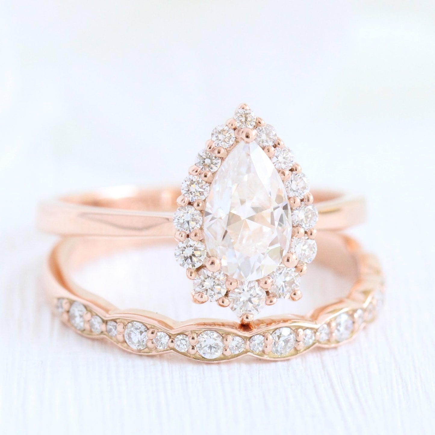 Tiara Halo Bridal Set With Pear Moissanite and Scalloped Diamond Band