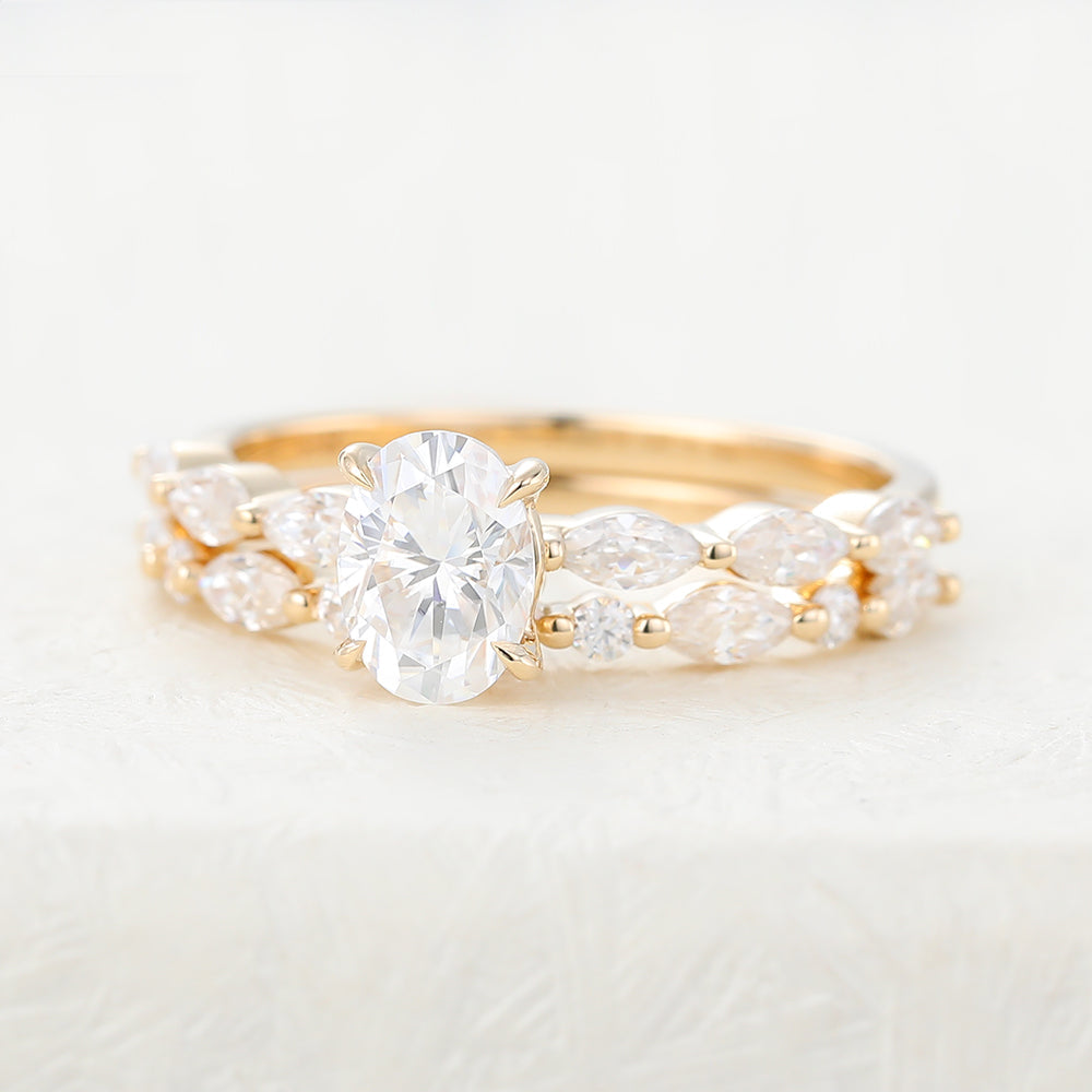 0.84 CT Oval Moissanite Pave Bridal Ring Set
