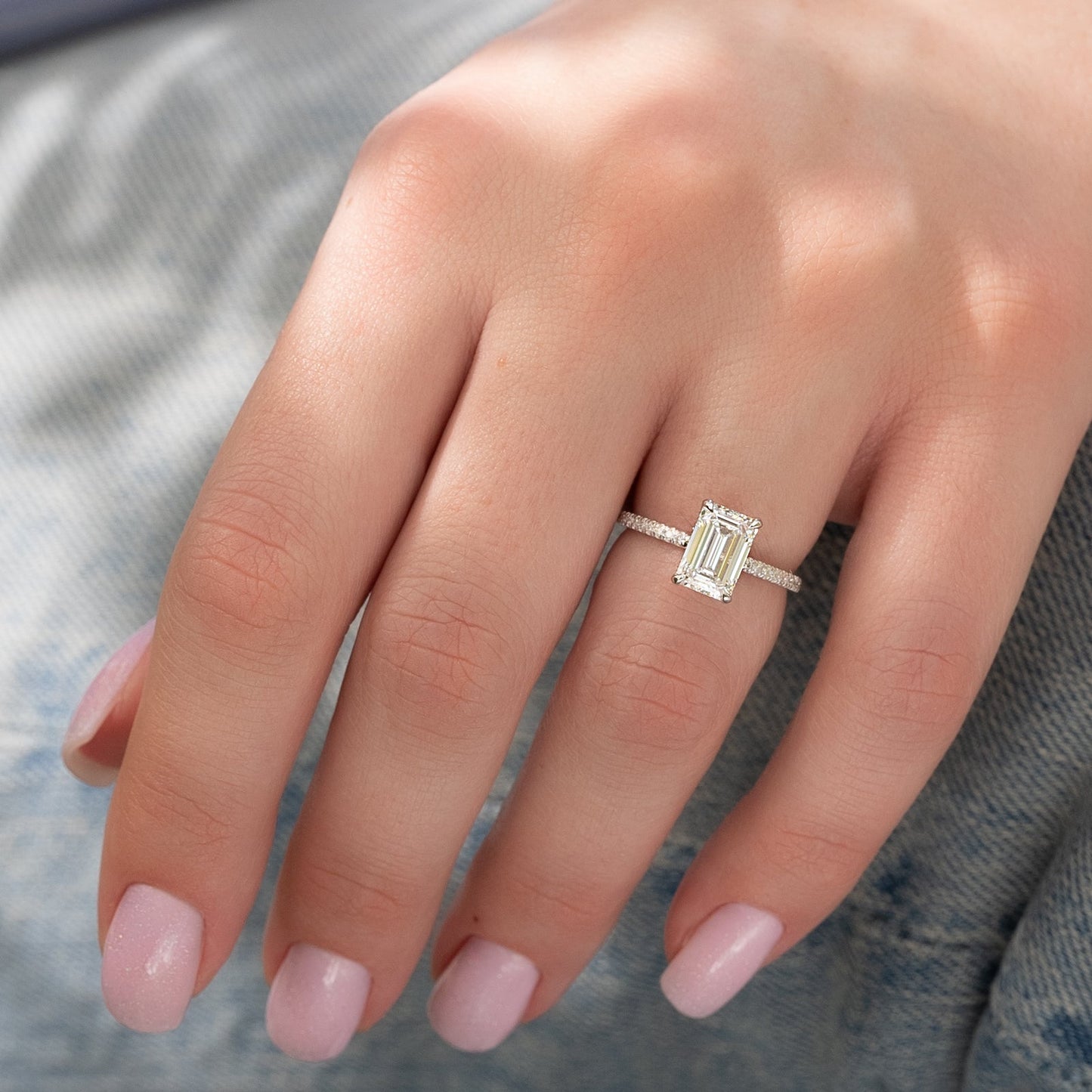 2.0 CT Emerald Moissanite Hidden Halo Engagement Ring With Pave Setting