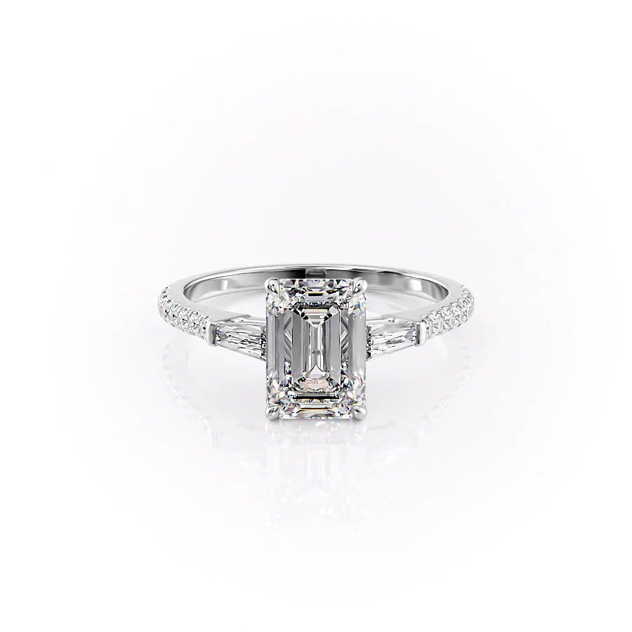 2.0 CT Emerald Moissanite Three Stone Engagement Ring With Pave Setting