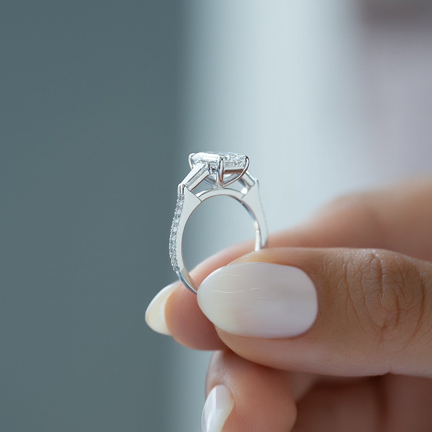 2.0 CT Emerald Moissanite Three Stone Engagement Ring With Pave Setting