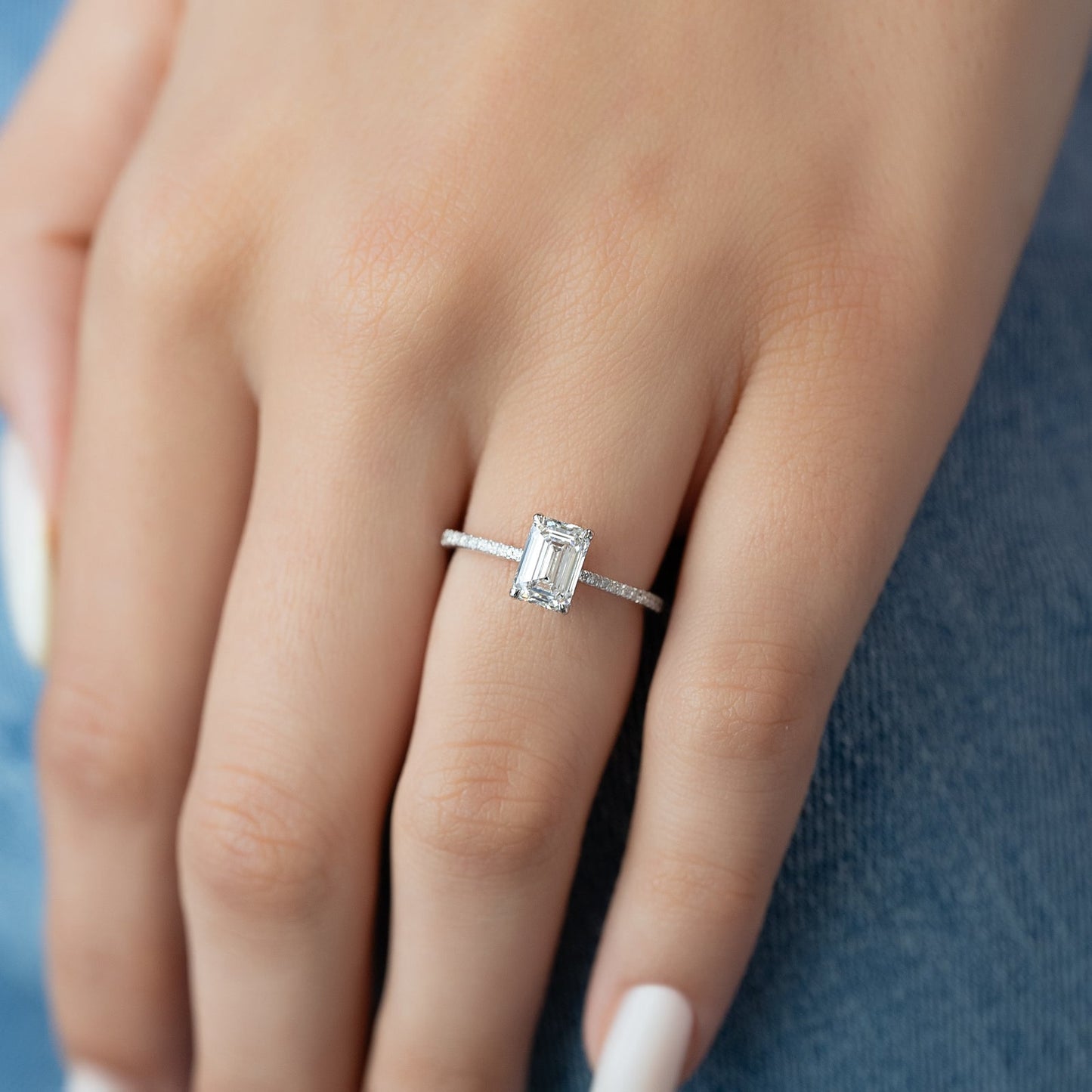 1.0 CT Emerald Moissanite Hidden Halo Engagement Ring With Pave Setting