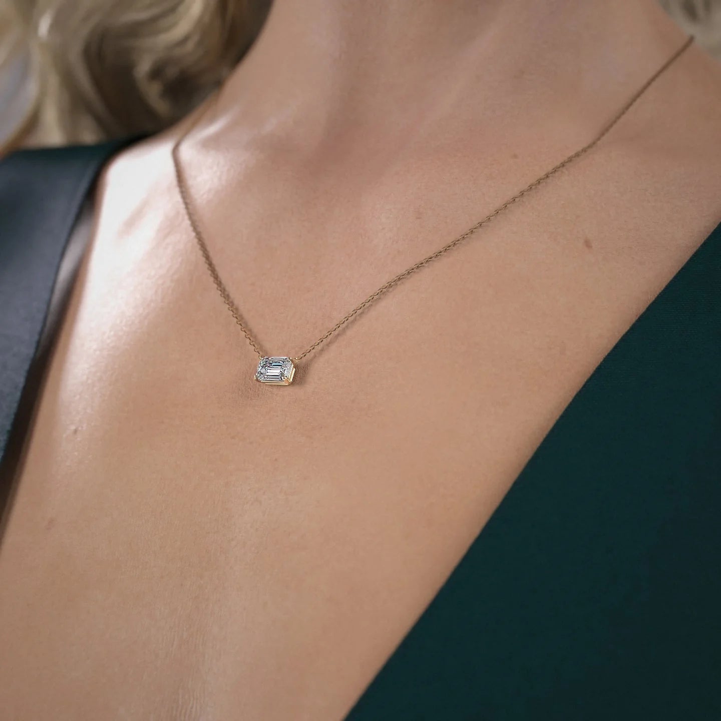 East West Emerald Diamond Moissanite Solitaire Necklace - Ready to Ship
