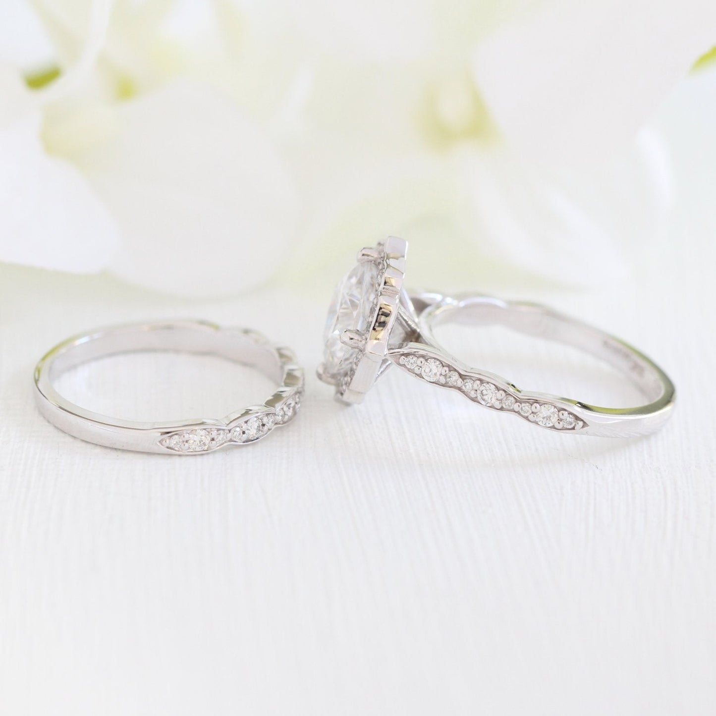 Cushion Cut Vintage Floral Moissanite Ring With Scalloped Diamond Band