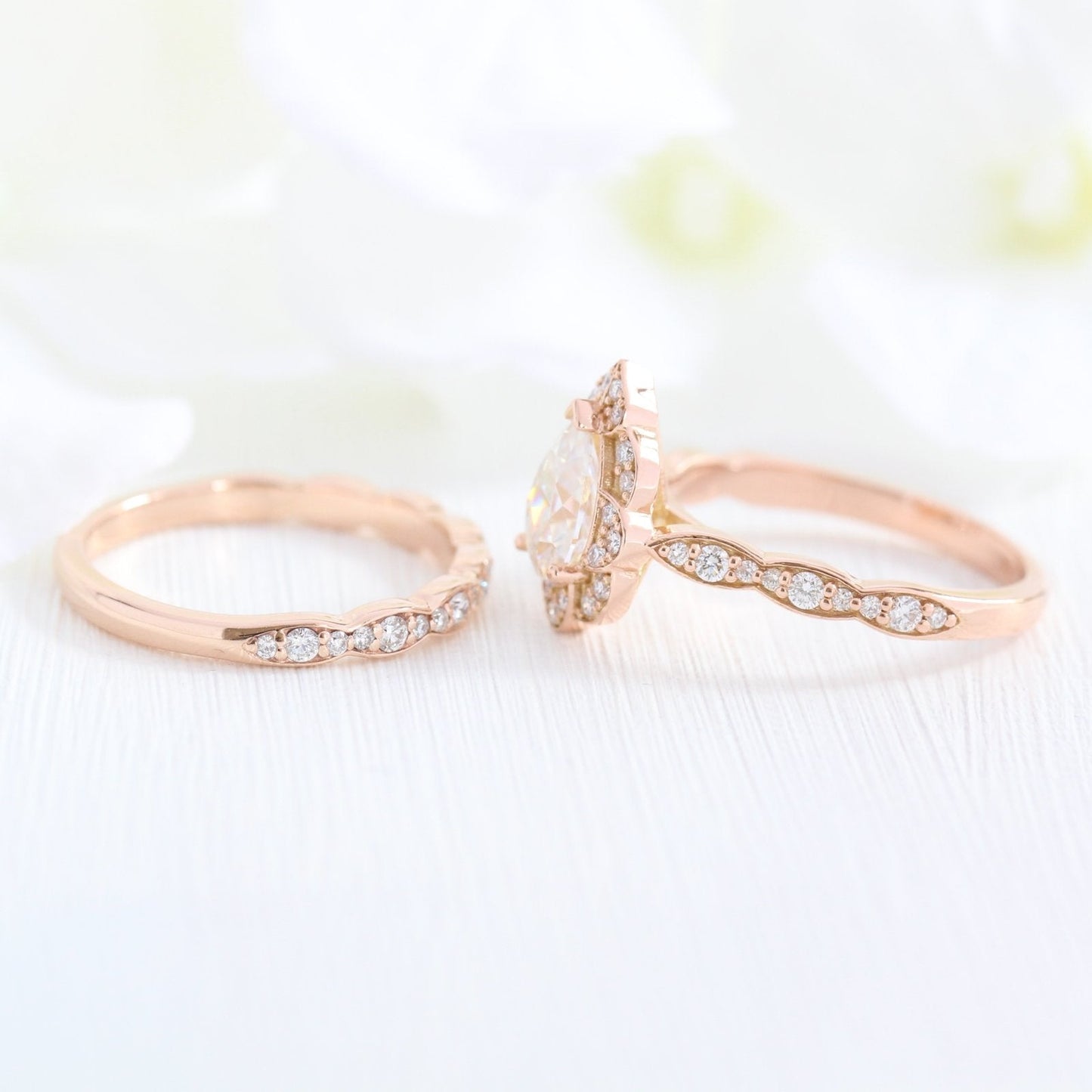 Pear floral moissanite bridal set 14k in rose gold