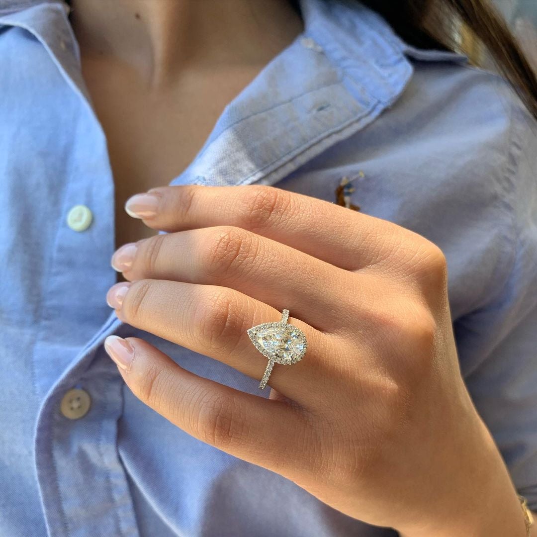 1.50CT Pear Cut Halo Moissanite Diamond Engagement Ring