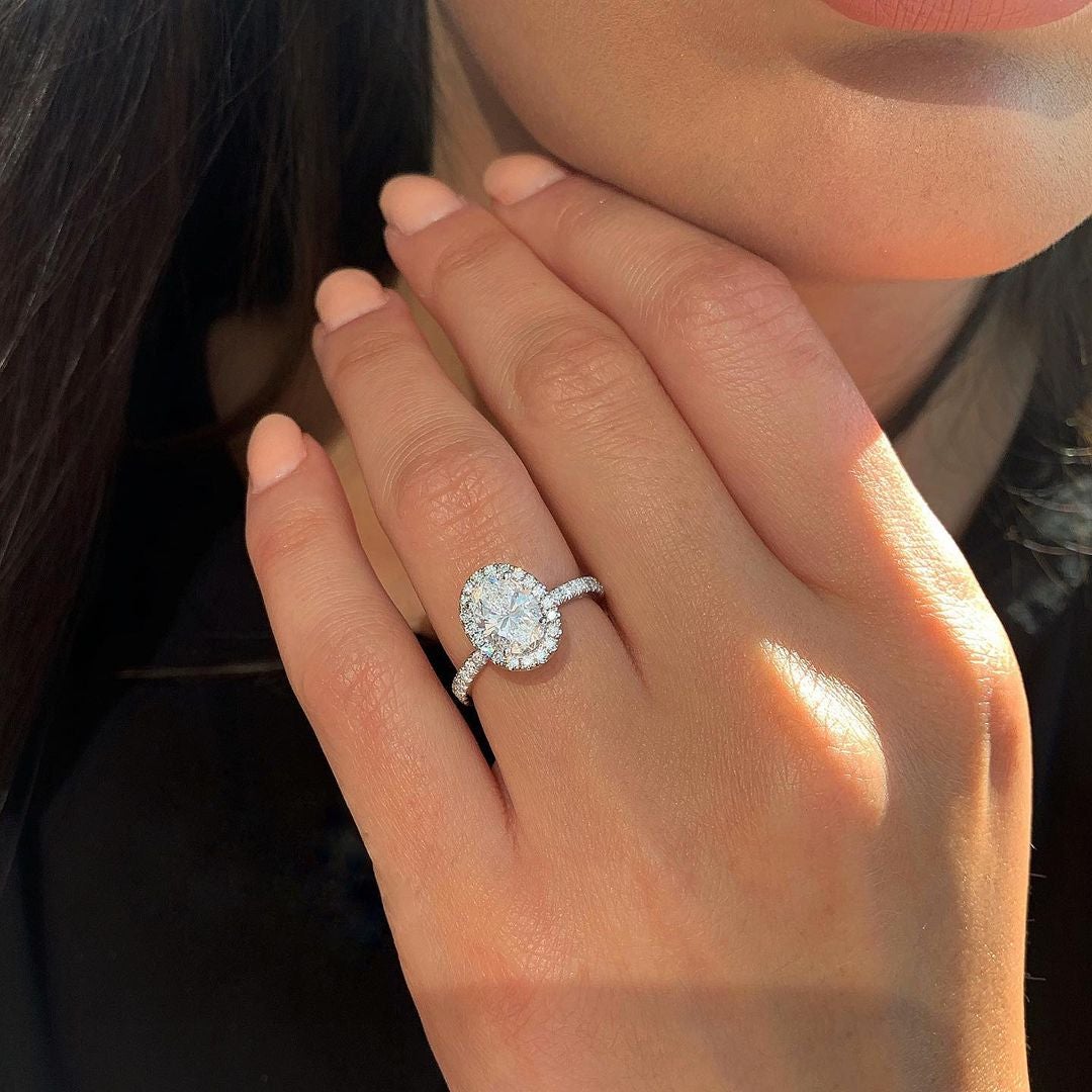 1.91CT Elongated Oval Cut Halo Four Prongs Moissanite Diamond Engagement Ring