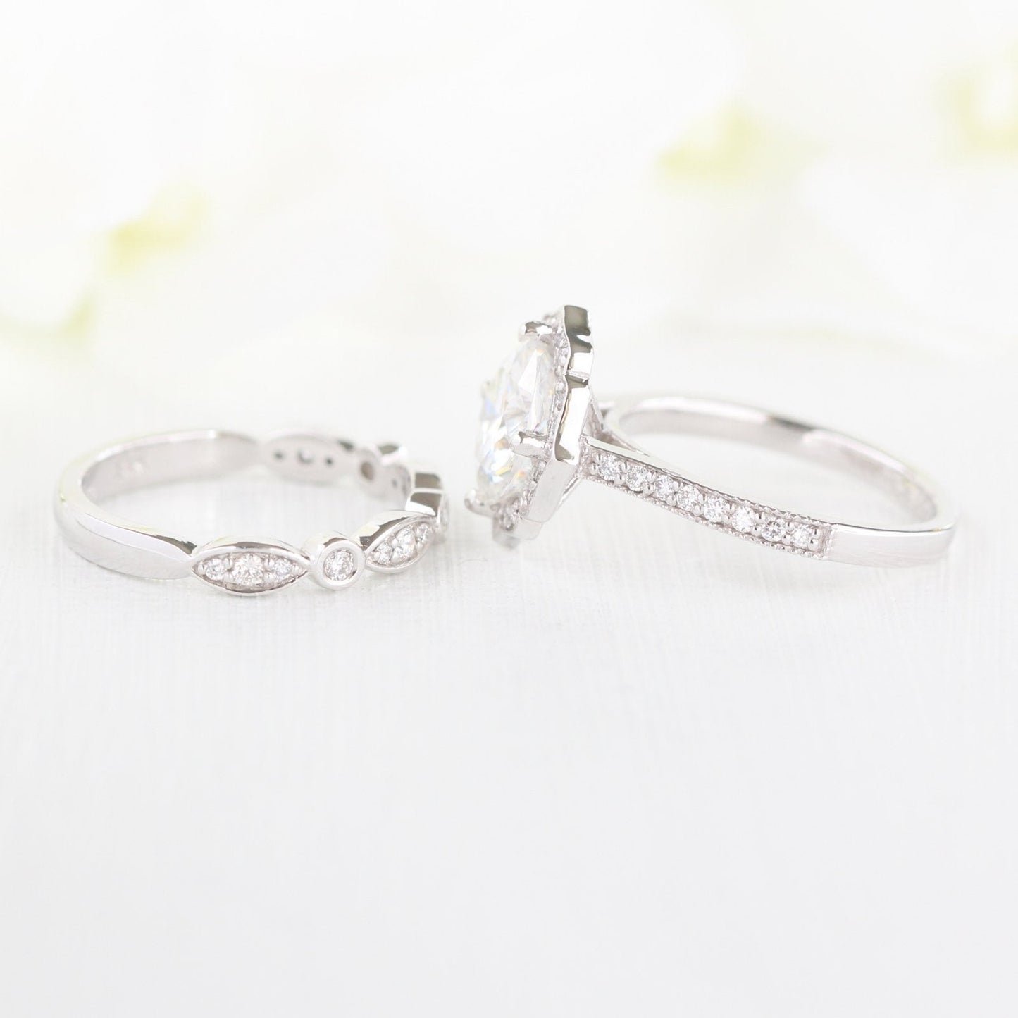 Vintage Floral Cushion Cut Bridal Set With Moissanite Milgrain Band
