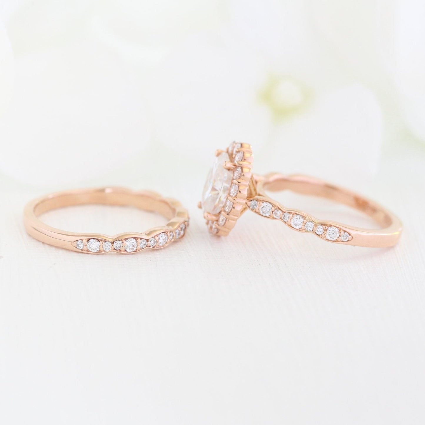 1.50ct Oval Cut Moissanite Halo Engagement Ring with Matching Wedding Band