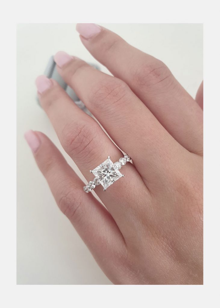 2.0ct Princess Cut Bubble Pave Moissanite Diamond Engagement Ring in 14K White Gold