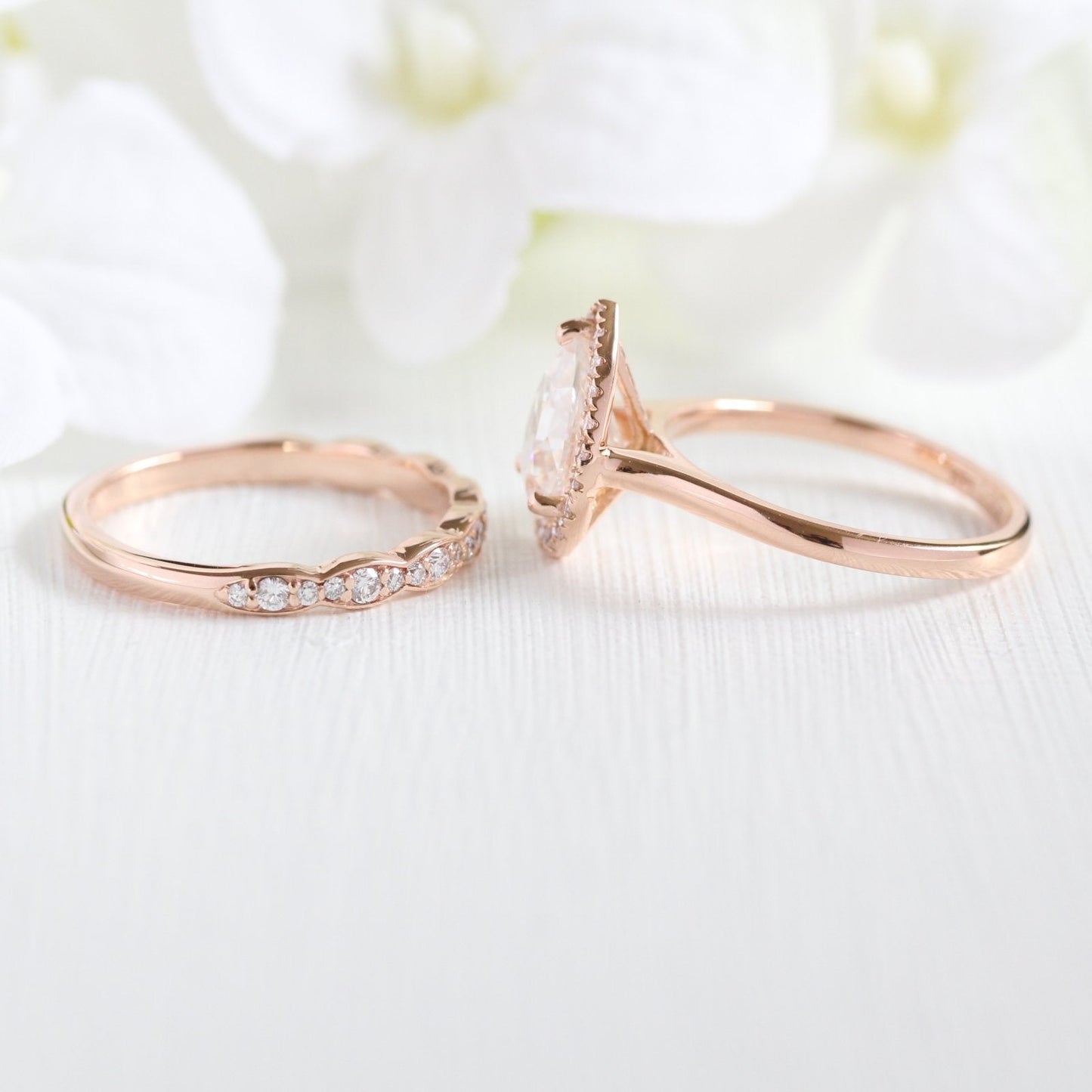 Pear Cut Moissanite Ring With Scalloped Diamond Band