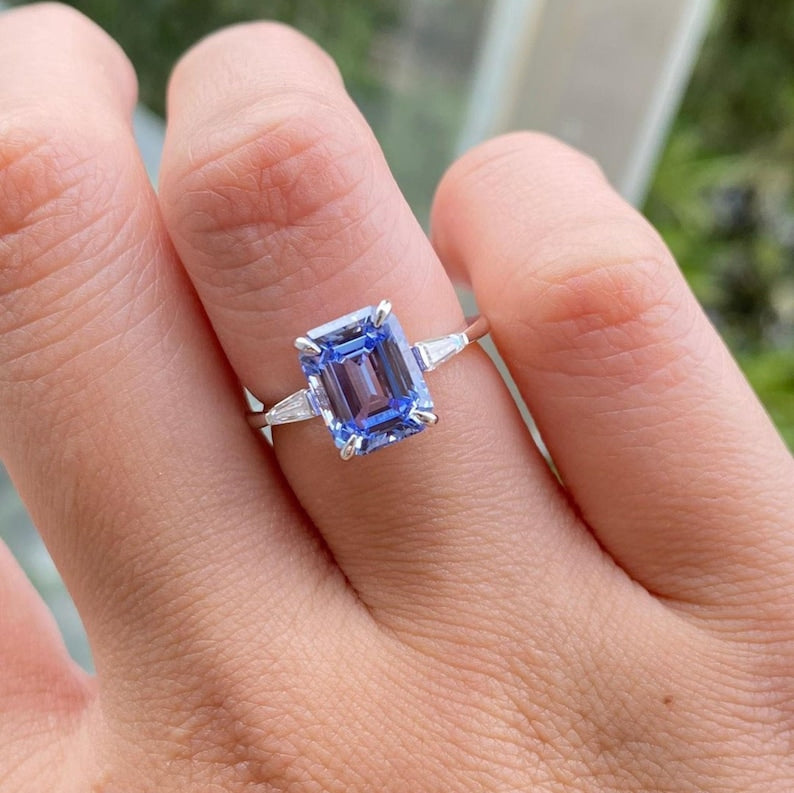 Three Stone Emerald Cut Diamond Moissanite Engagement Ring
