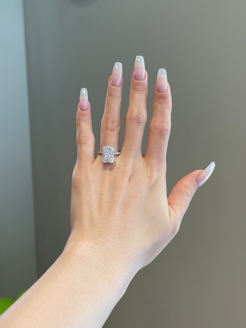 5.0CT Elongated Radiant Cut Pave Moissanite Diamond Engagement Ring