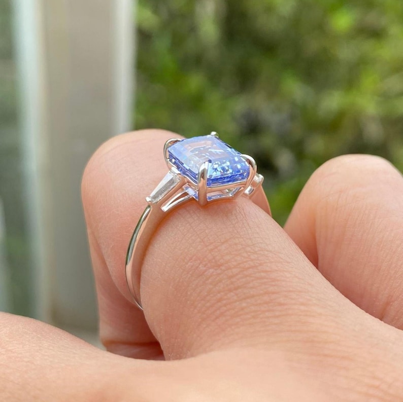 Three Stone Emerald Cut Diamond Moissanite Engagement Ring