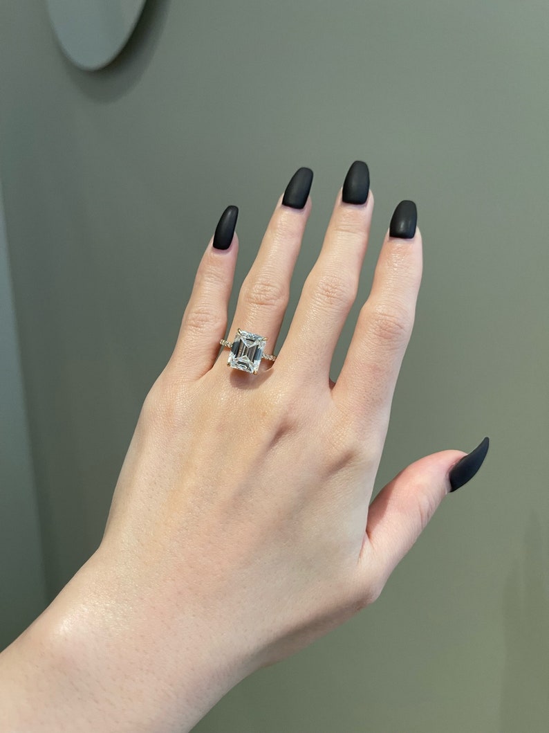 5.0CT Emerald Cut Diamond Hidden Halo Moissanite Engagement Ring