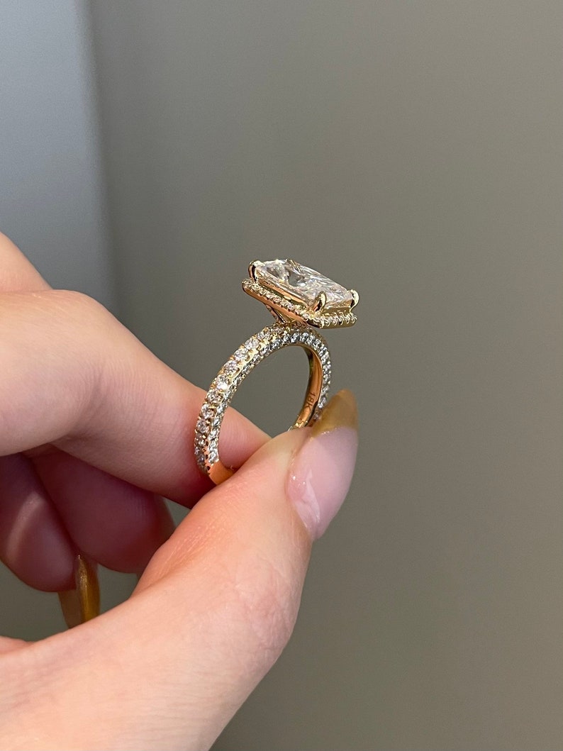 4.0CT Elongated Radiant Cut Three Side Pave Moissanite Diamond Engagement Ring
