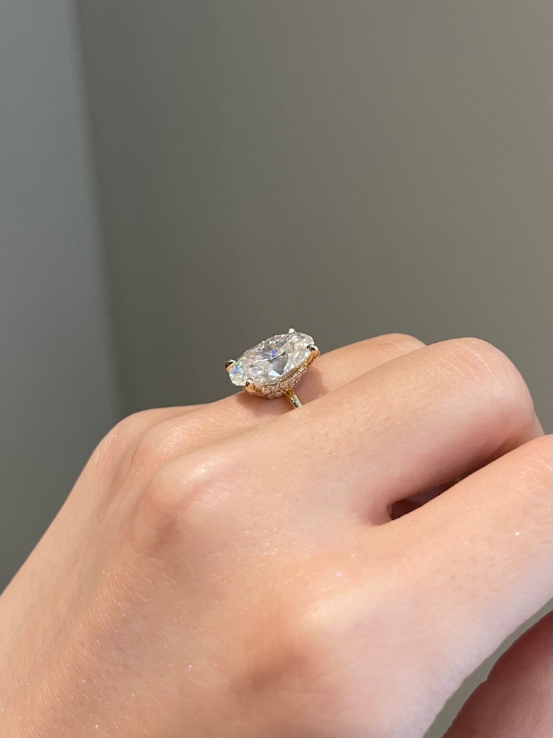 5.0CT Elongated Oval Diamond Hidden Halo Moissanite Engagement Ring