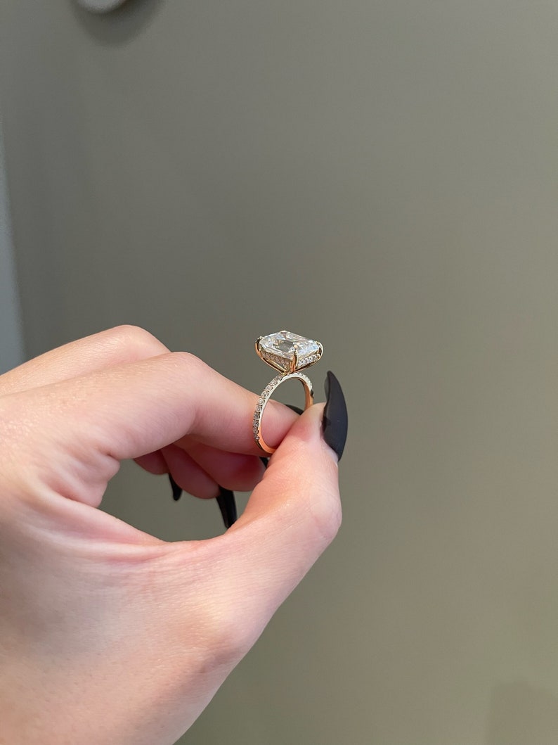 5.0CT Emerald Cut Diamond Hidden Halo Moissanite Engagement Ring