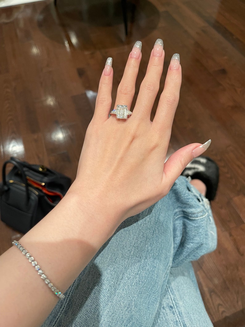 5.0CT Emerald Cut Diamond Three Stone Moissanite Engagement Ring