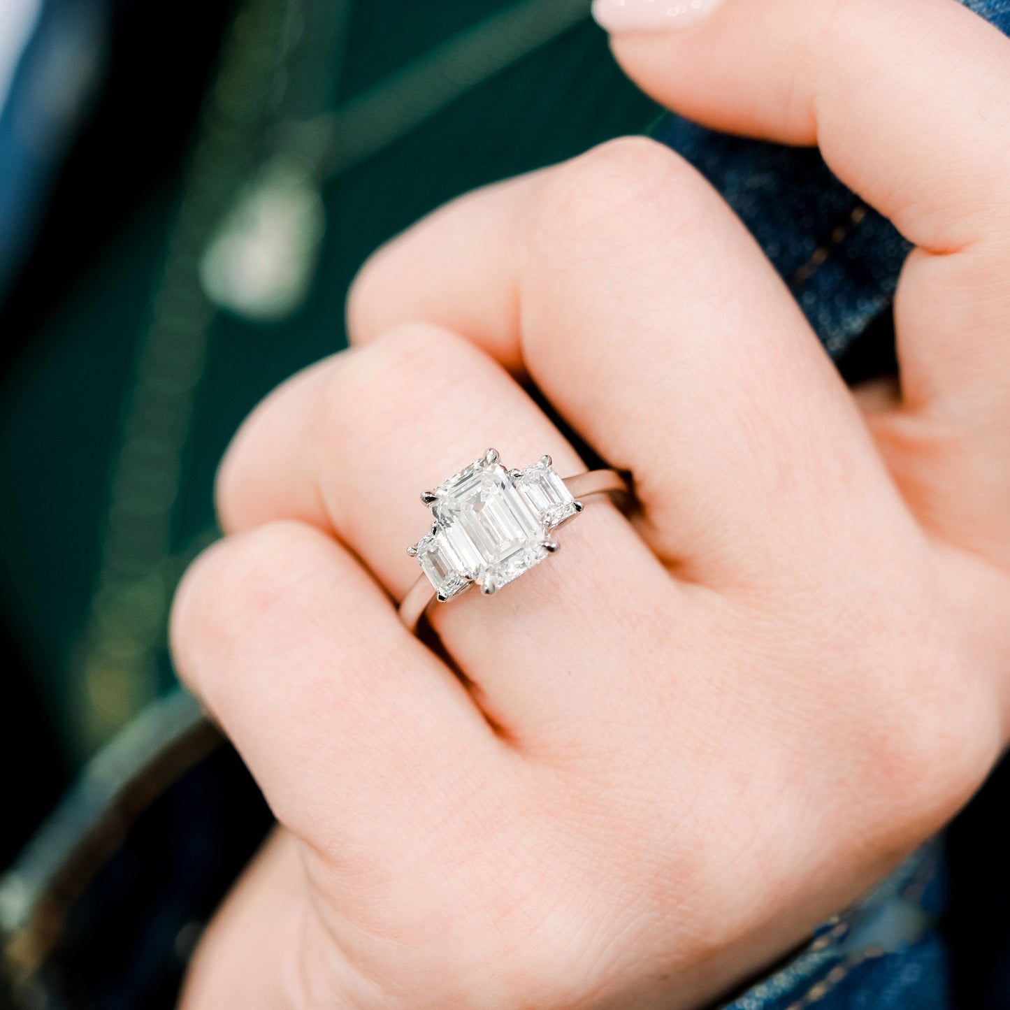 3.0CT Emerald Cut Moissanite Three Stone Diamond Engagement Ring